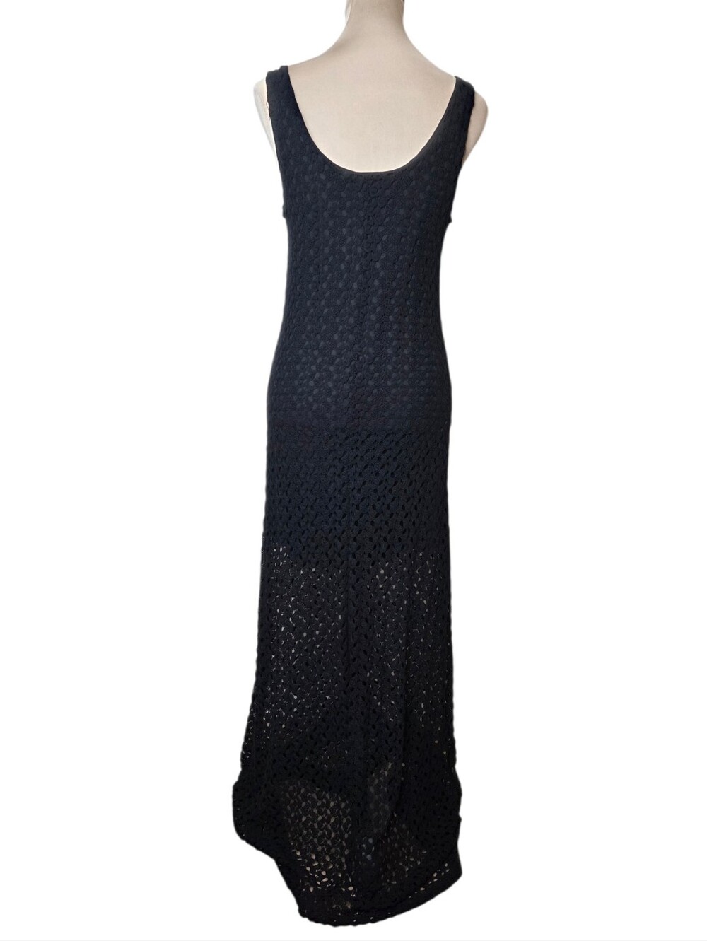 Black Open Knit Crochet Maxi Dress Witchy Boho Gothic Festival Medium - Picture 5 of 12